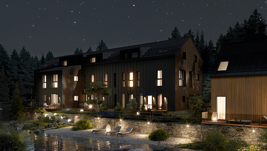 Four Elements Riverside Residence & Spa v Jizerských Horách, pohled na zadní stranu residence zprava