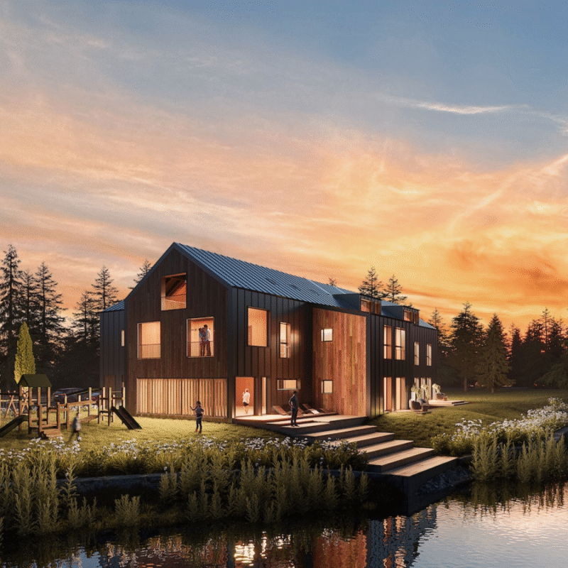 Four Elements Riverside Residence & Spa v Jizerských Horách, pohled na zadní stranu residence zleva