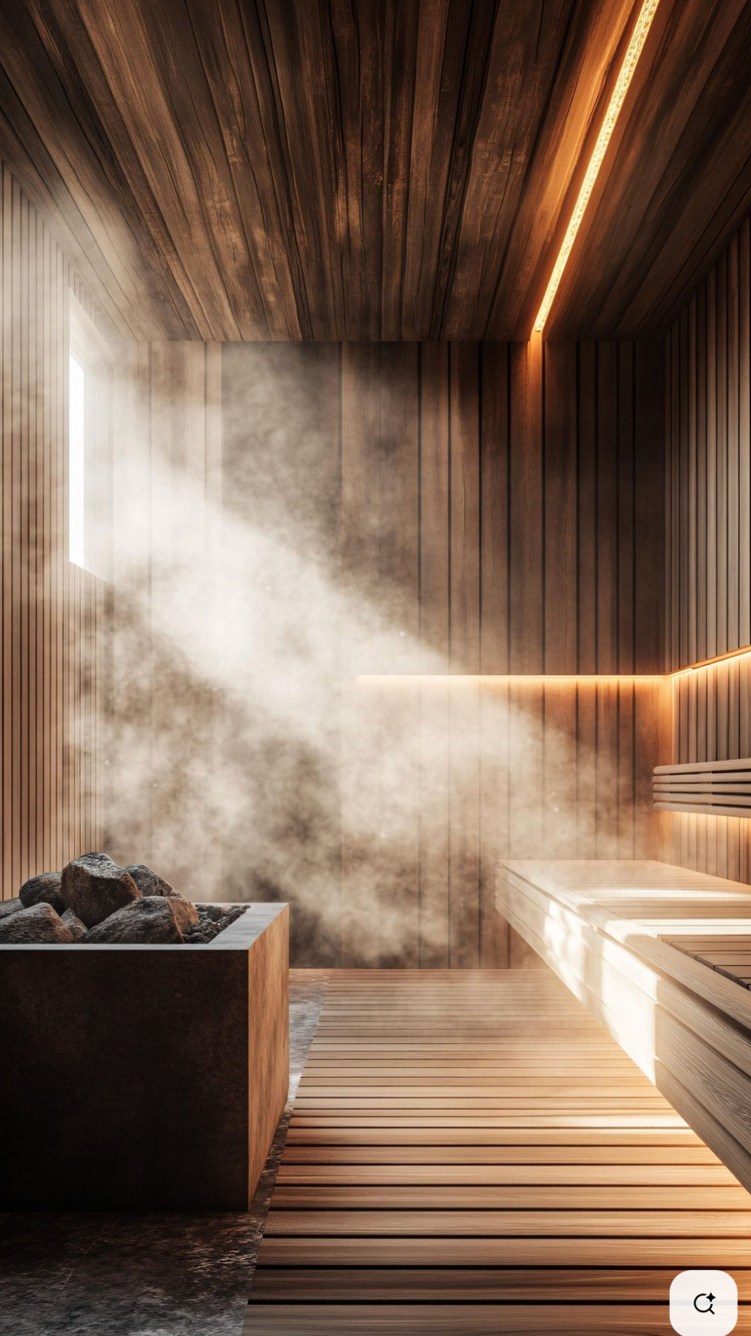 Ilustrační obrázek horské sauny s oranžovým LED osvětlením, do které svítí sluneční svit