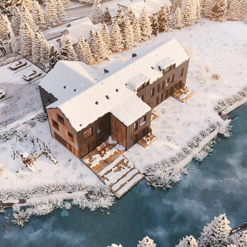 Vizualizace zasněžené residence Four Elements Riverside Residence & Spa v zimě pohledem shora