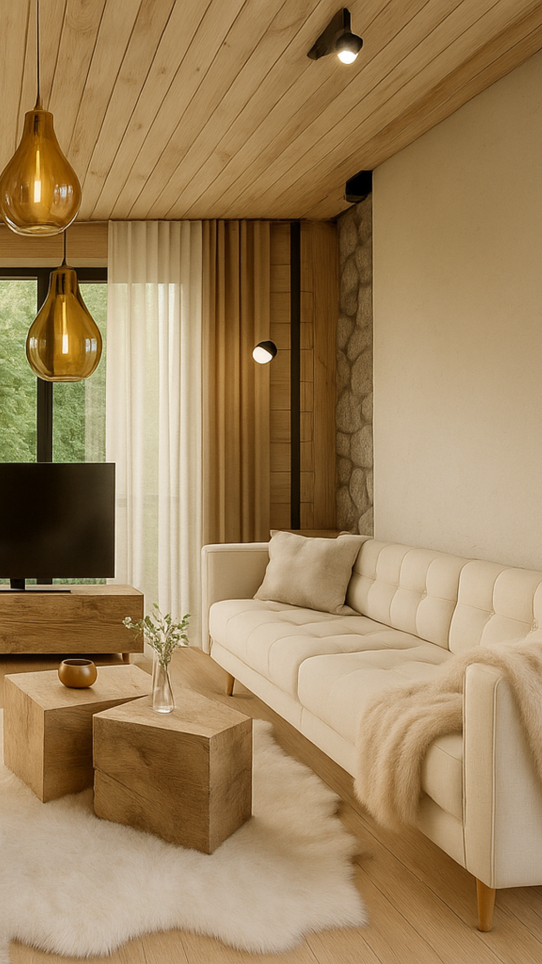 Vizualizace obývacího pokoje investičního apartmánu Four Elements Riverside Residence & Spa s pohovkou