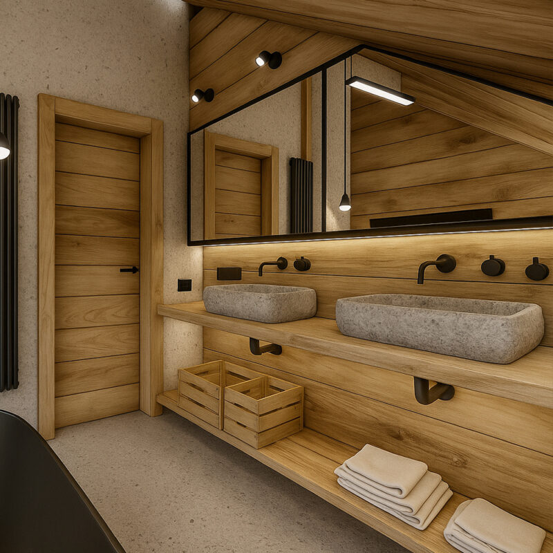 Vizualizace koupelny investičního apartmánu Four Elements Riverside Residence & Spa se dvěma umyvadly