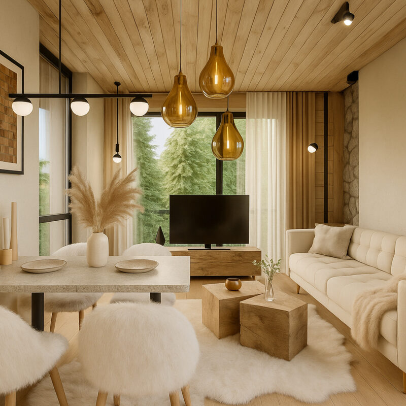 Vizualizace obývacího pokoje investičního apartmánu Four Elements Riverside Residence & Spa banner