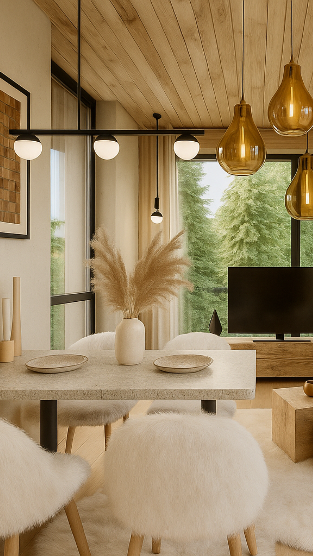 Vizualizace obývacího pokoje investičního apartmánu Four Elements Riverside Residence & Spa s jídelním stolem