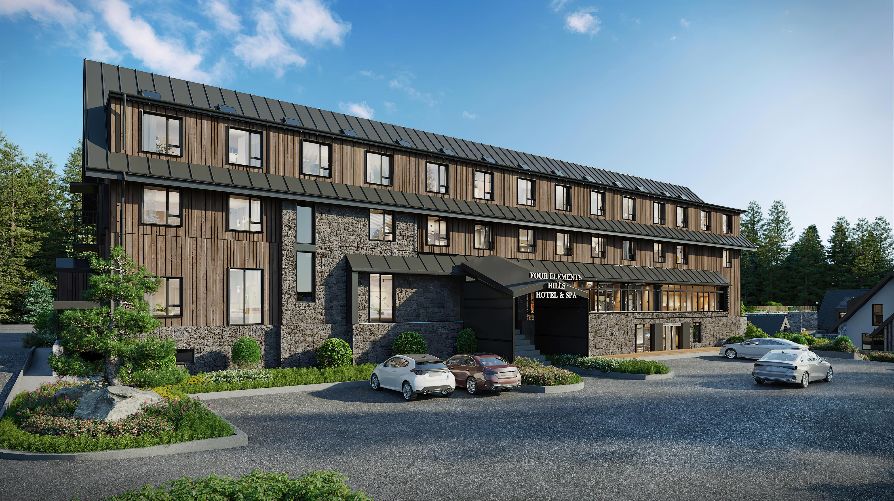 Vizualizace levé přední strany hotelu Four Elements Hills Hotel & Spa v Jizerských Horách s investičními apartmány