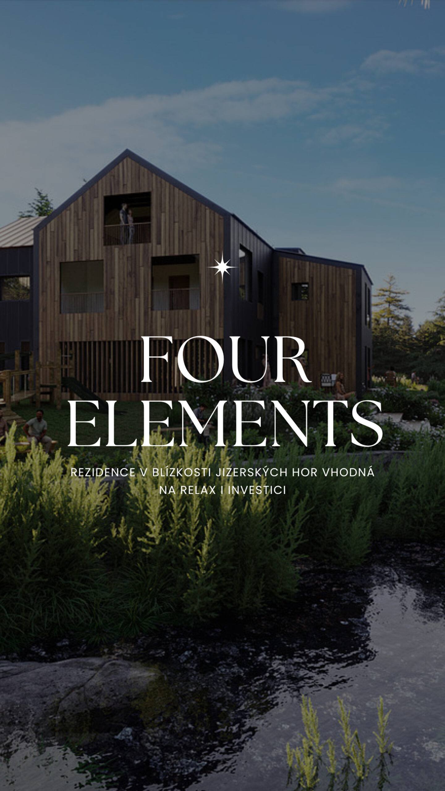 Four Elements Riverside Residence & Spa v Jizerských Horách, pohled na boční stranu residence s popisem ve fotografii